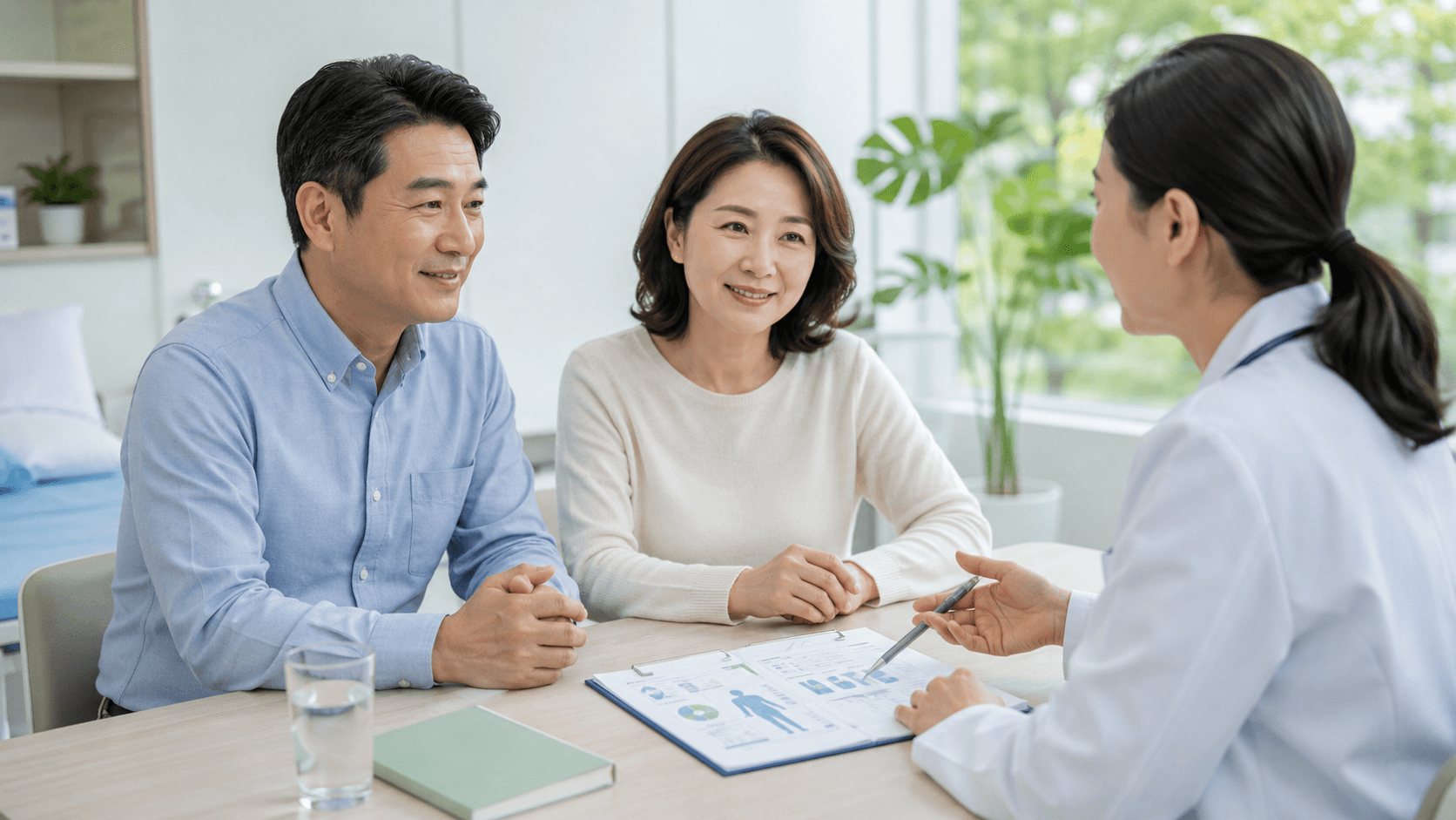 40대 50대 건강검진 항목을 상담하는 한국인 부부와 의료진