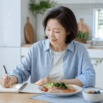 간헐적 단식 방법을 실천하기 위해 식사 시간을 기록하는 40대 한국인 여성