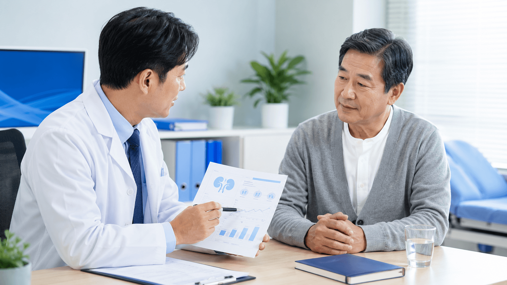 신장암 의심 증상과 신장 건강검진 상담을 받는 50대 한국인 남성