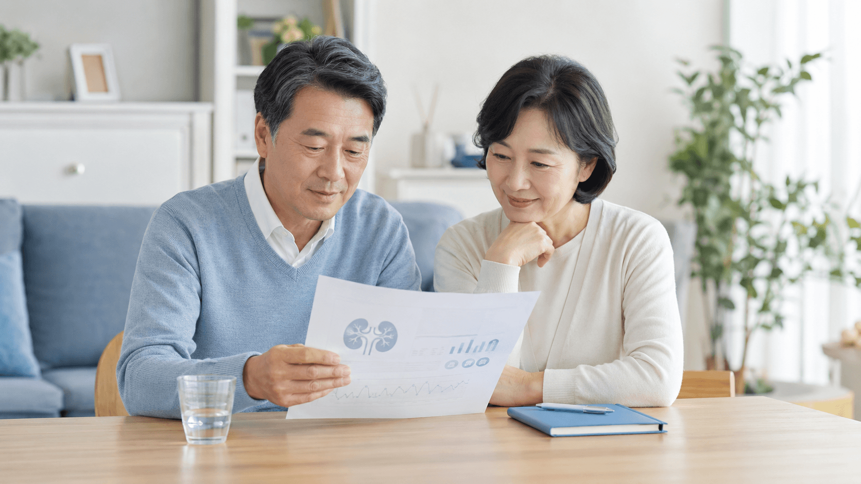 신장 기능 저하 증상을 확인하기 위해 건강검진 결과지를 살펴보는 50대 한국인 부부