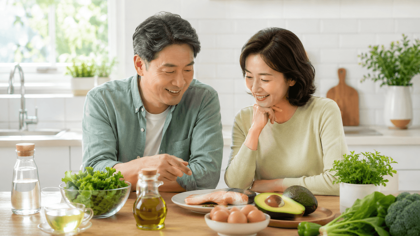 저탄수 식단 음식을 고르기 위해 계란과 생선, 아보카도, 잎채소를 살펴보는 50대 한국인 부부