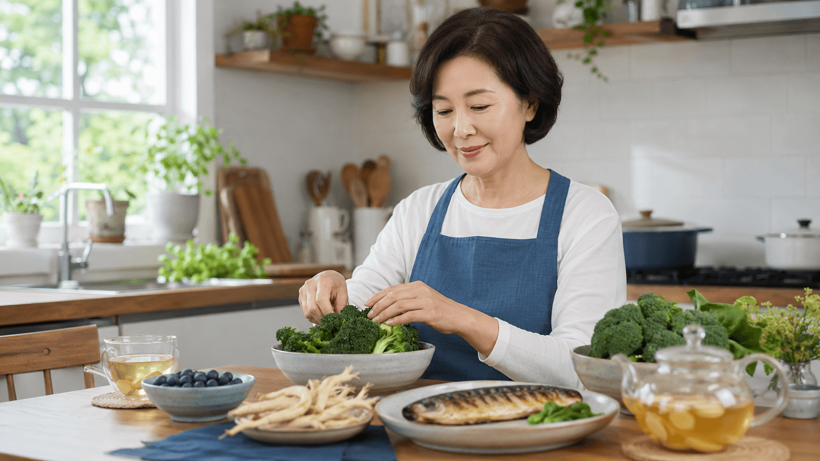 폐 건강에 좋은 음식으로 생강차와 도라지, 베리류, 녹황색 채소를 준비하는 50대 한국인 여성