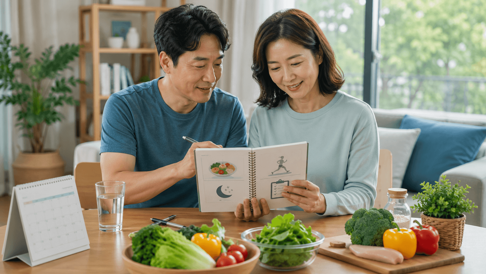 40대 건강관리를 위해 식단과 운동, 수면, 검진 일정을 확인하는 한국인 부부