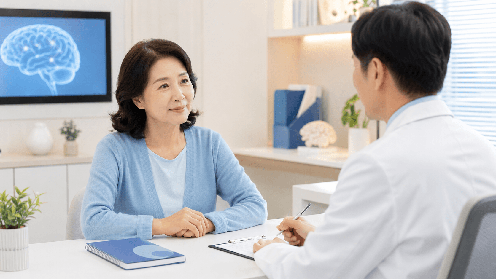 편두통 증상과 위험한 두통 신호를 상담하는 40대 한국인 여성과 의료진