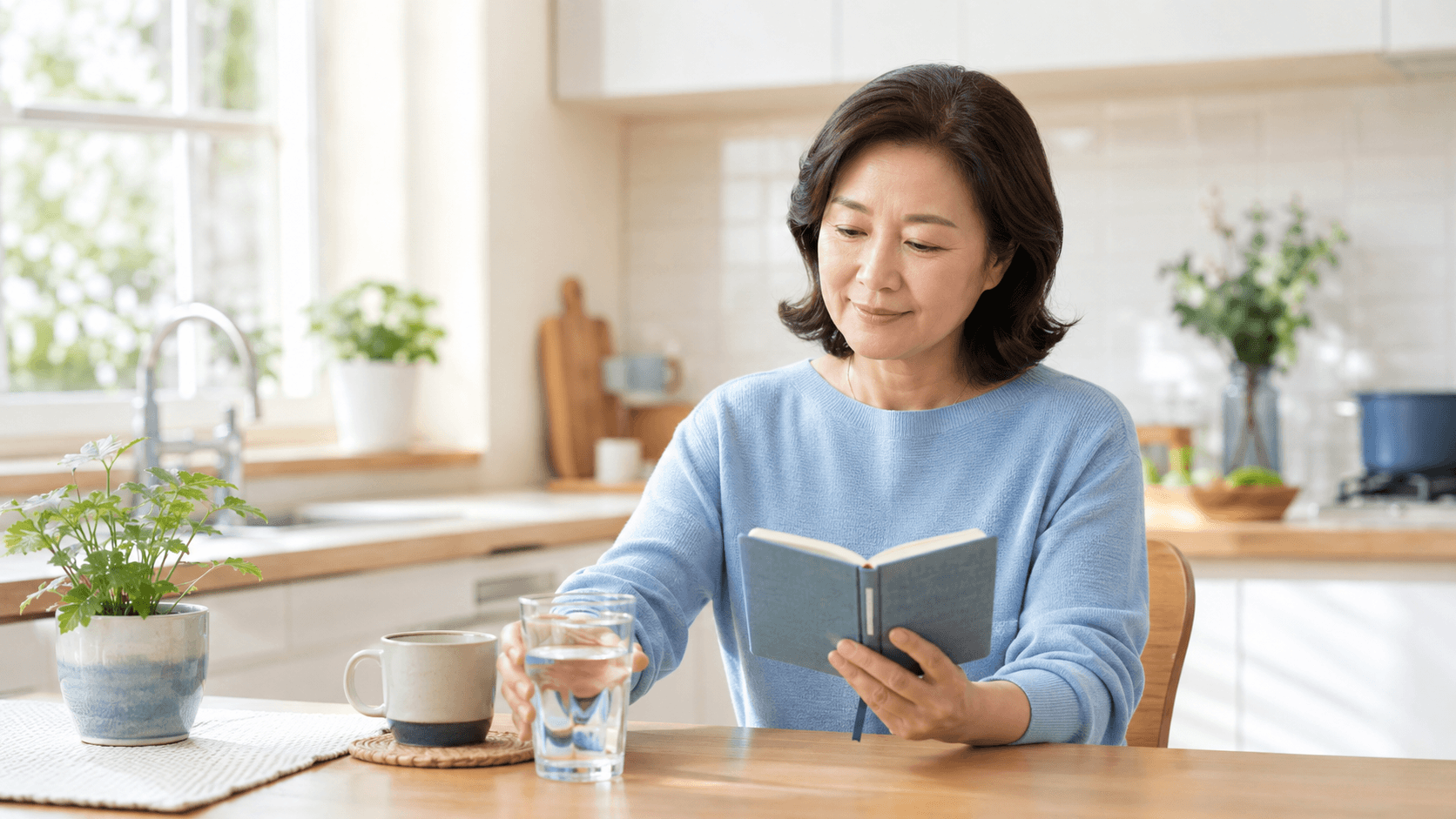 콩팥 건강을 위해 아침에 물과 식습관을 확인하는 50대 한국인 여성
