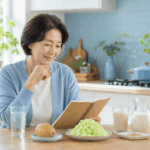 아침 건강 습관을 위해 물과 간단한 아침 식사를 준비하는 중년 한국인 여성