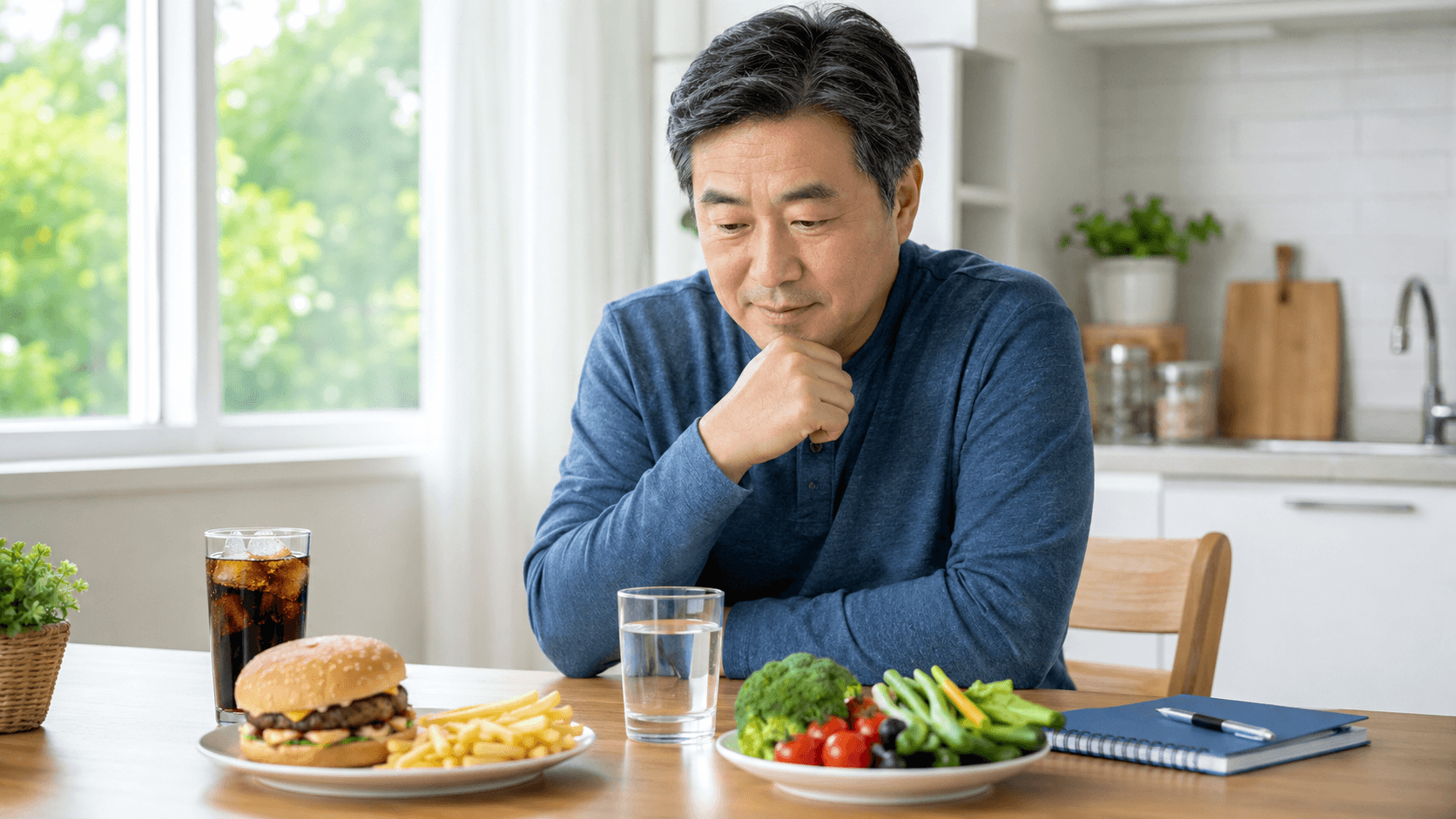 췌장 건강에 안 좋은 음식과 생활습관을 점검하는 50대 한국인 남성의 주방 장면