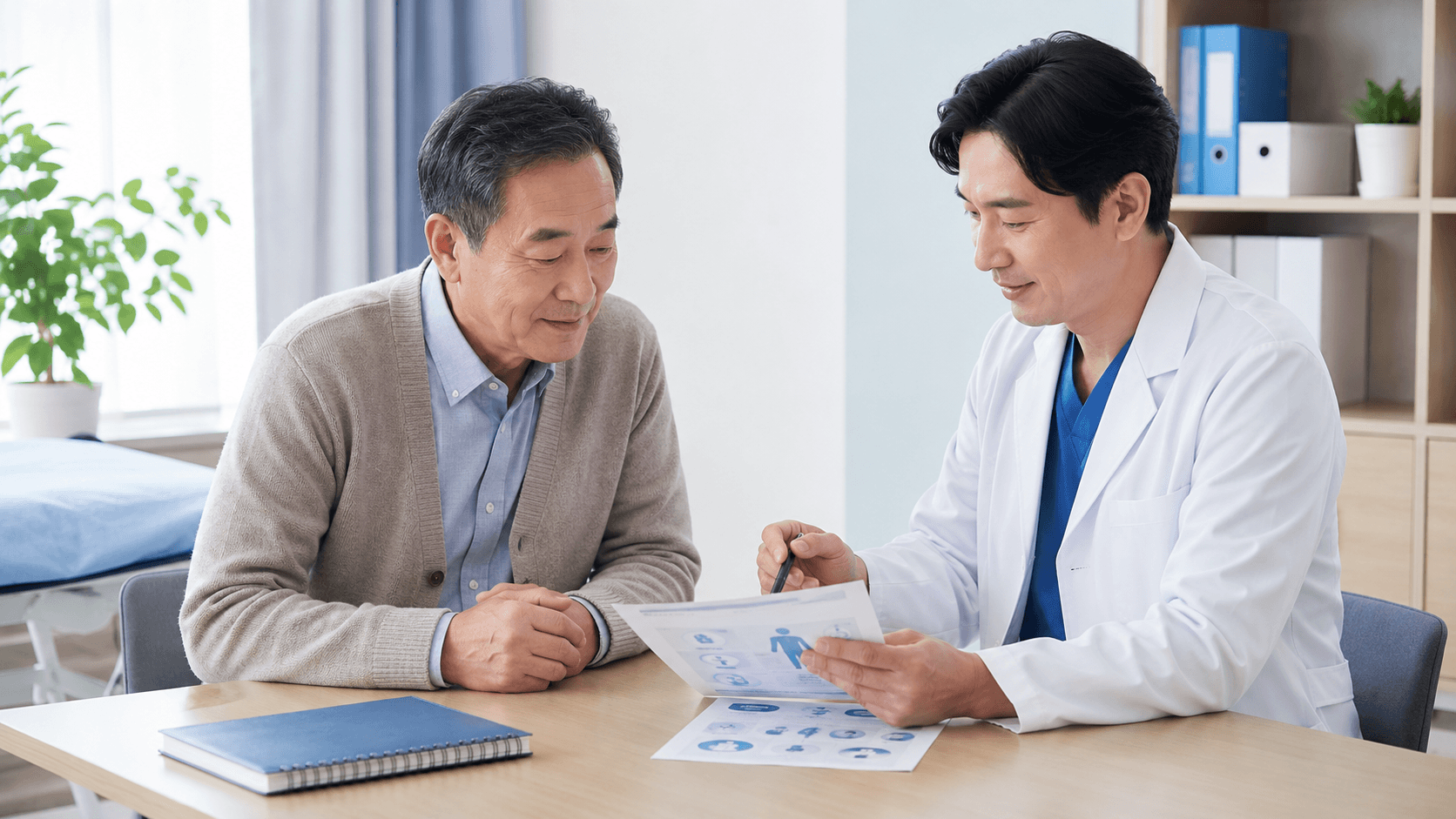 췌장암 의심 증상과 췌장 검사를 상담하는 50대 한국인 남성