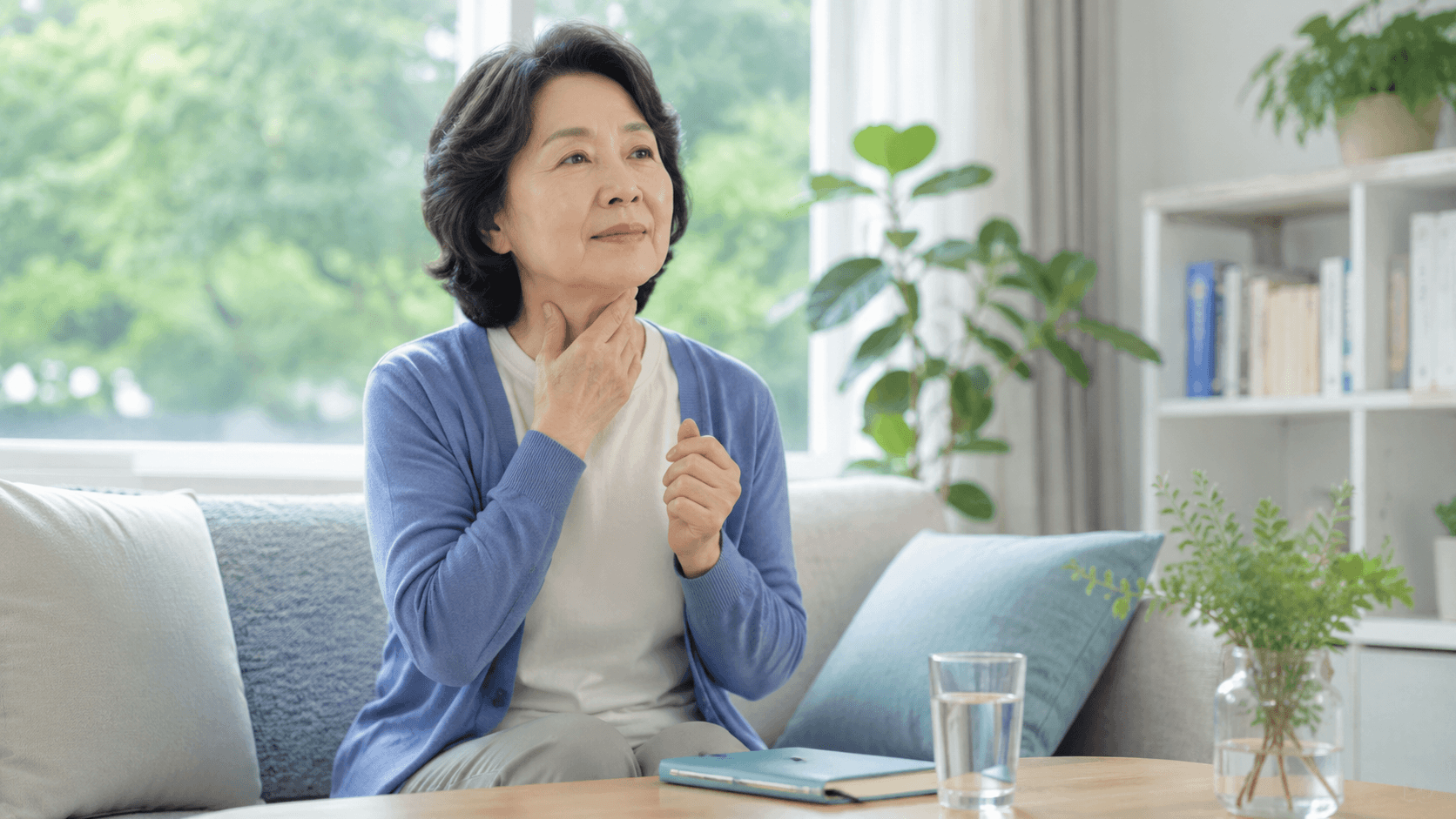 가래가 생기는 이유와 배출 방법을 확인하는 50대 한국인 여성의 생활 건강 관리 장면