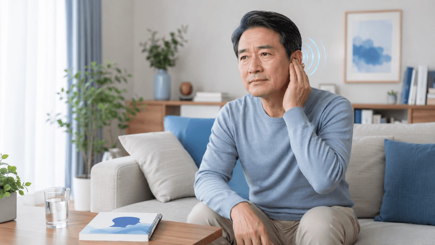 이명 원인과 관리법을 떠올릴 수 있는 50대 한국인 남성의 귀 건강 점검 장면