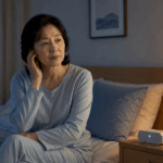 밤에 이명 증상으로 잠들기 어려워하는 50대 여성이 조용한 침실에서 차분히 쉬는 모습