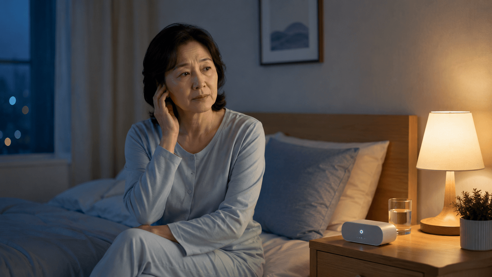 밤에 이명 증상으로 잠들기 어려워하는 50대 여성이 조용한 침실에서 차분히 쉬는 모습