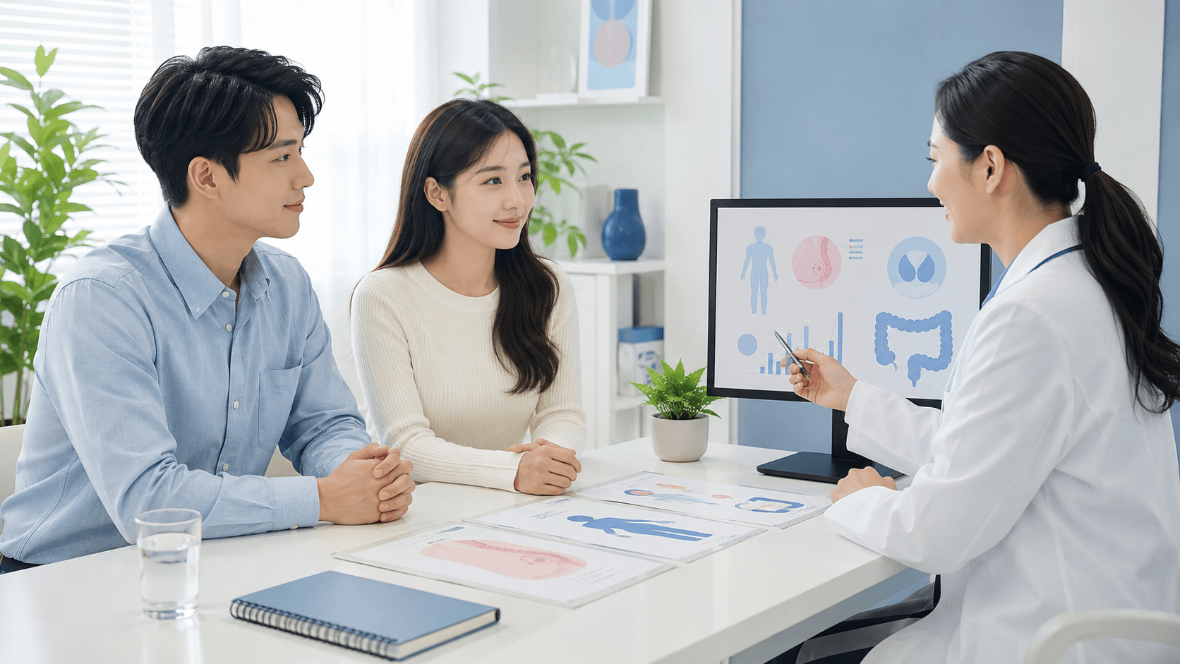 20~30대 유방암 대장암 증가와 건강검진 중요성을 보여주는 상담실 장면
