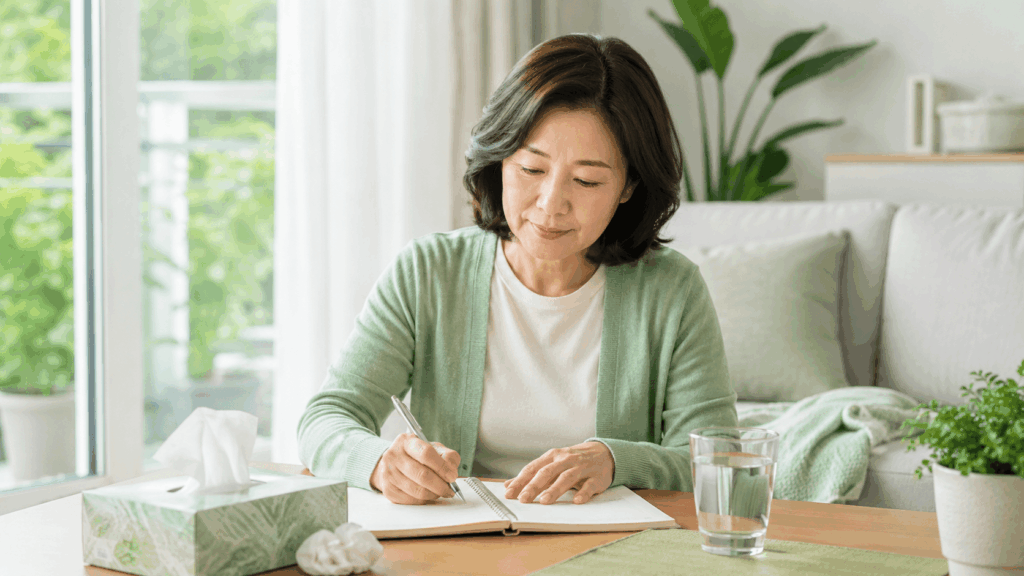환절기 알레르기 비염 증상을 건강 수첩에 기록하는 50대 한국인 여성