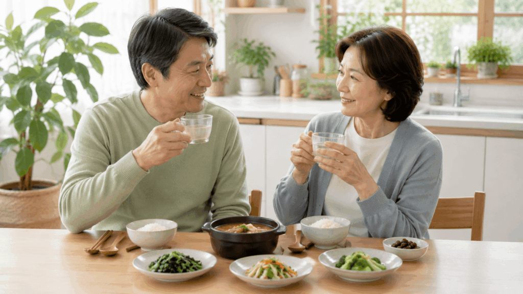 혈액순환 관리를 위해 과식을 줄이고 따뜻한 식사를 준비하는 한국인 부부