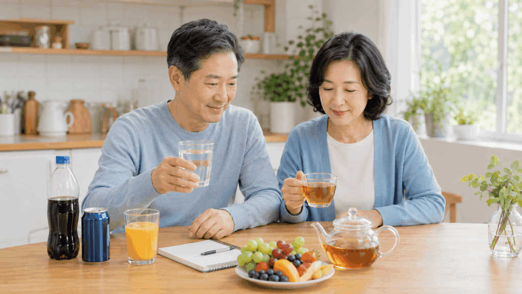 유방암 식습관 관리를 위해 당이 많은 음료 대신 물과 무가당 차를 선택하는 모습