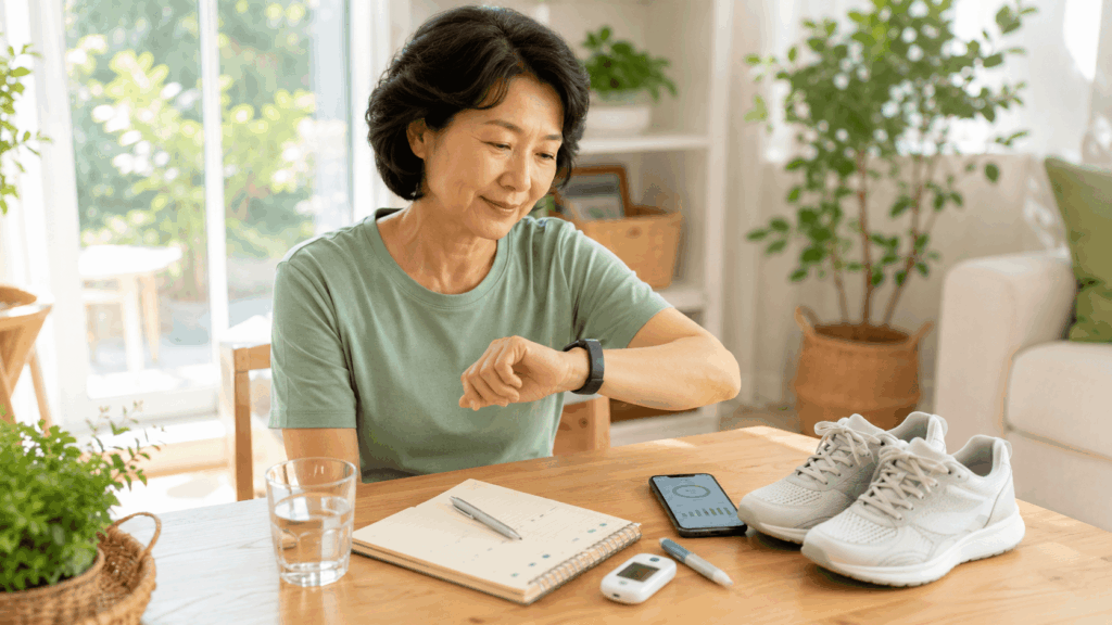 당뇨 환자가 운동 전 혈당 관리와 몸 상태를 확인하는 생활 장면