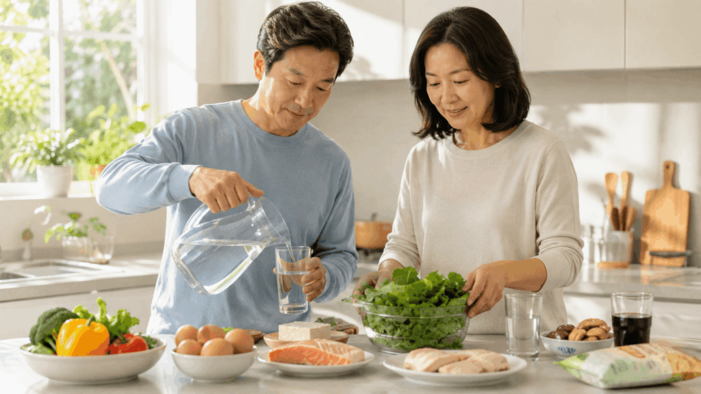 지방간 식습관 관리를 위해 단 음료와 간식을 줄이고 식사를 조절하는 한국인 부부
