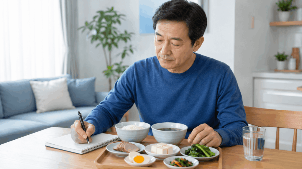 콩팥병 식사 관리를 위해 단백질과 데친 채소 양을 확인하는 한국인 남성