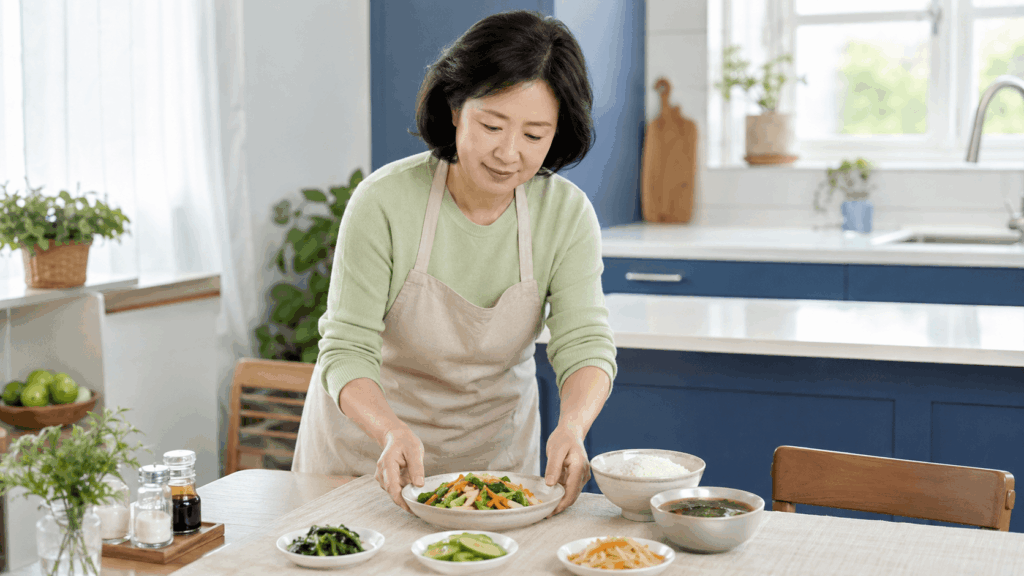 신장 기능 저하 식단에서 나트륨을 줄이기 위해 국물을 적게 담는 저염 식사 장면