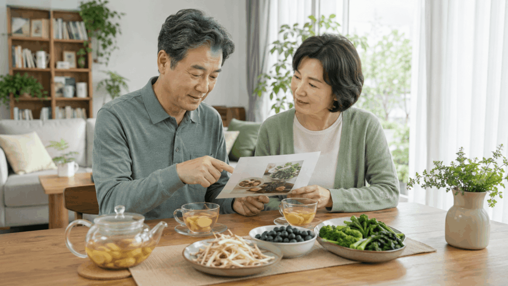 기침과 가래가 신경 쓰일 때 폐 건강 식단을 살펴보는 50대 한국인 부부