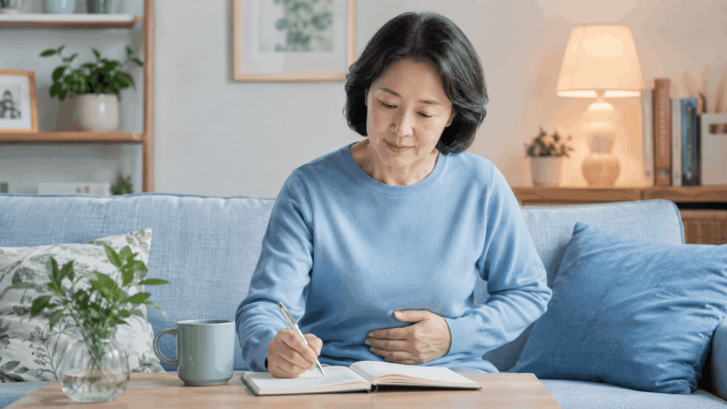 명치 통증과 등 통증 변화를 건강 수첩에 기록하는 50대 한국인 여성