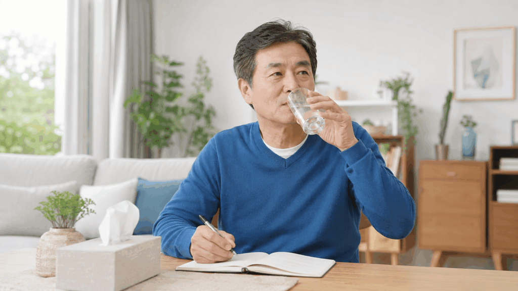 목 가래와 기관지 가래 증상을 수첩에 기록하며 확인하는 중년 남성