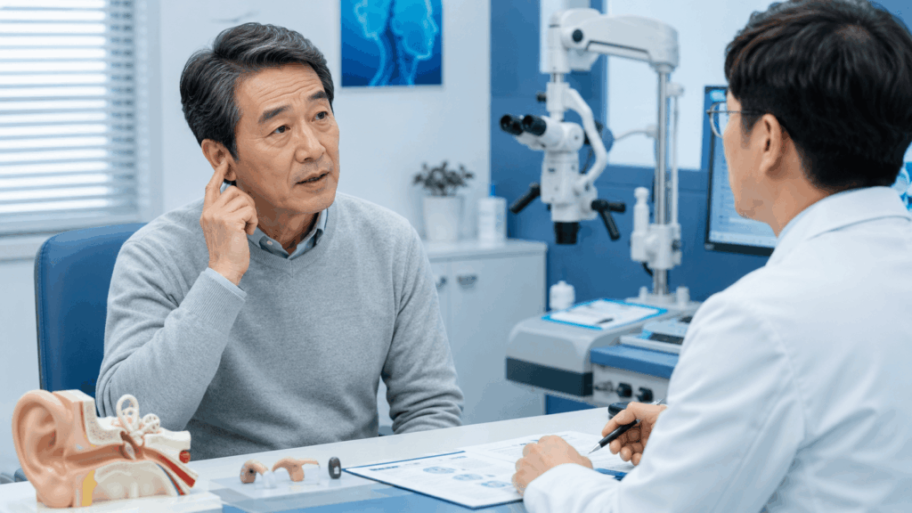 이명 원인과 증상을 확인하기 위해 이비인후과에서 상담을 받는 50대 한국인 남성