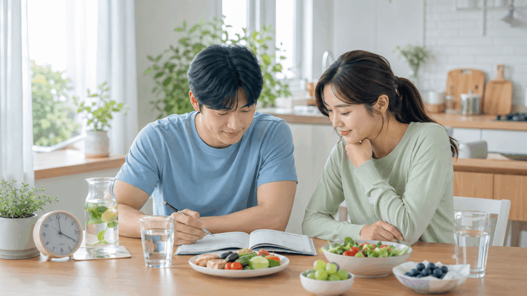 20대와 30대 건강관리를 위해 수면과 식습관을 점검하는 한국인 청년들의 모습