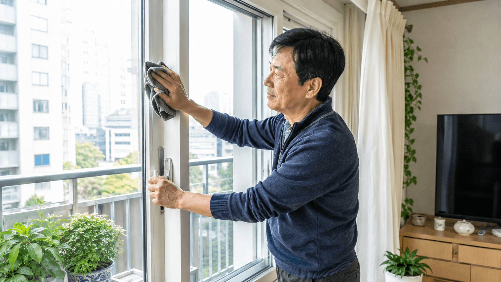 창문 결로 베란다 곰팡이 예방을 설명하는 베란다 창문 근처에서 50대 한국인 남성이 창틀 물기를 닦고 환기하는 밝은 아파트 생활 장면
