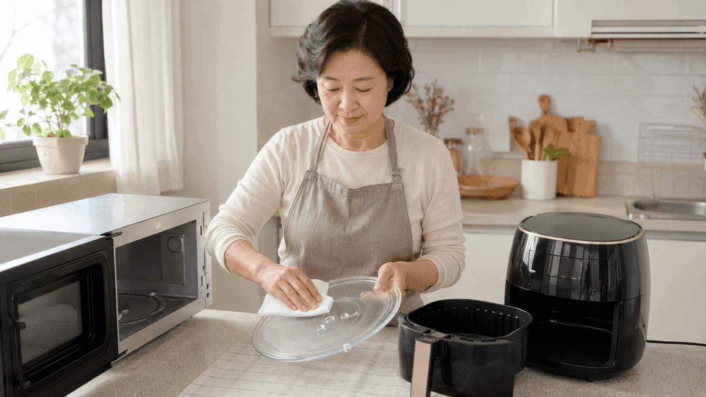 전자레인지 에어프라이어 냄새 제거를 설명하는 주방 조리대에서 50대 한국인 여성이 전자레인지 회전판과 에어프라이어 바스켓을 닦는 생활 장면