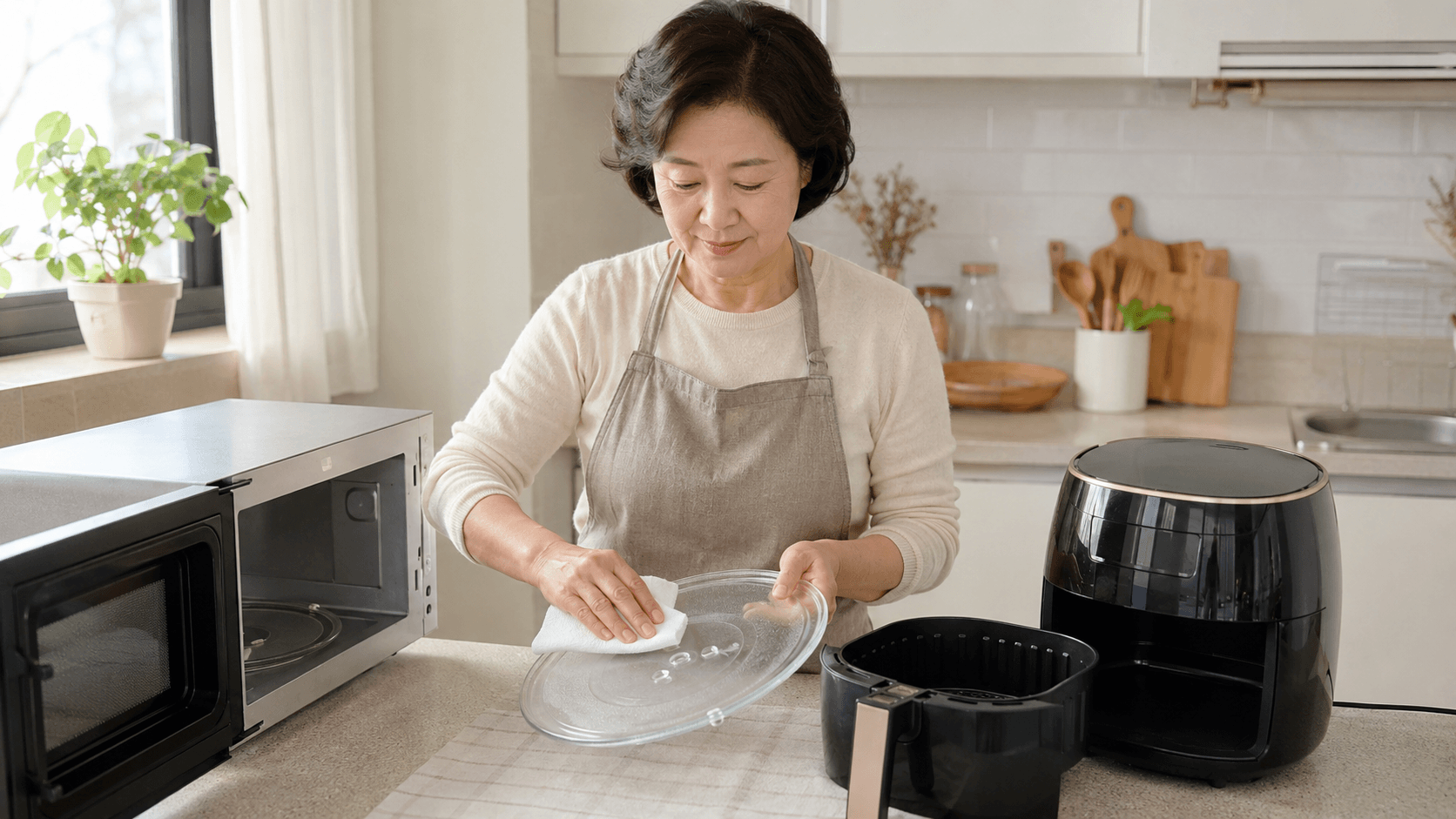 전자레인지 에어프라이어 냄새 제거를 설명하는 주방 조리대에서 50대 한국인 여성이 전자레인지 회전판과 에어프라이어 바스켓을 닦는 생활 장면