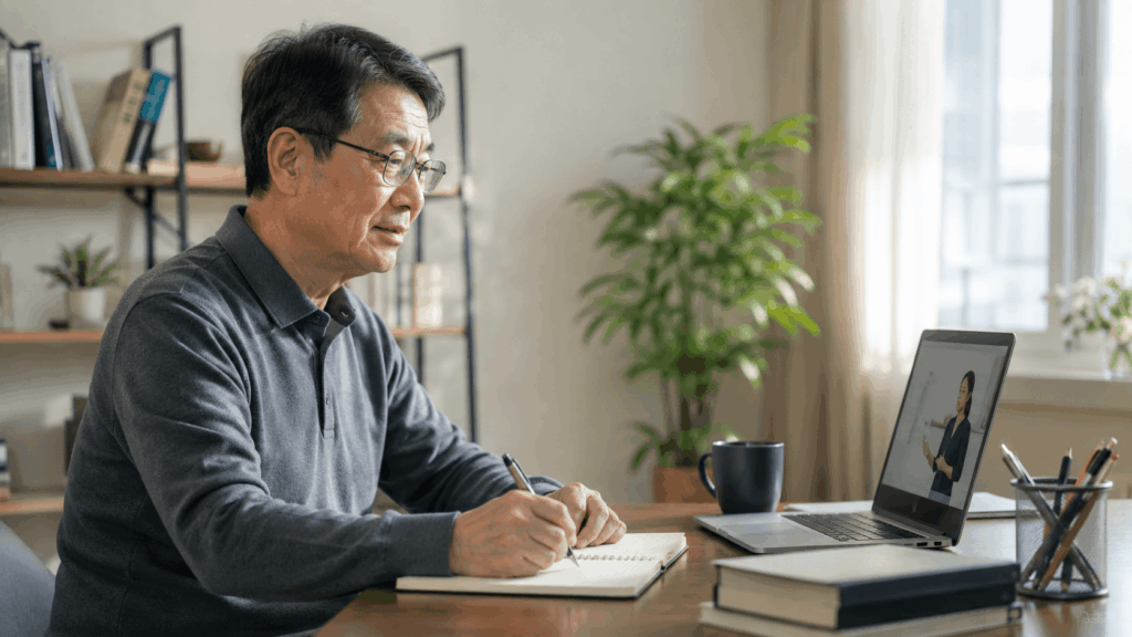 평생교육이용권 확인 기준을 상담 장면으로 표현한 케어수첩 복지정보 이미지