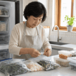 냉동실 오래된 음식 정리를 설명하는 주방에서 60대 한국인 여성이 냉동실 식재료를 꺼내 날짜 라벨을 붙이며 정리하는 생활 장면