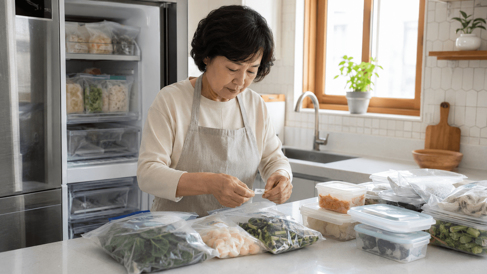 냉동실 오래된 음식 정리를 설명하는 주방에서 60대 한국인 여성이 냉동실 식재료를 꺼내 날짜 라벨을 붙이며 정리하는 생활 장면