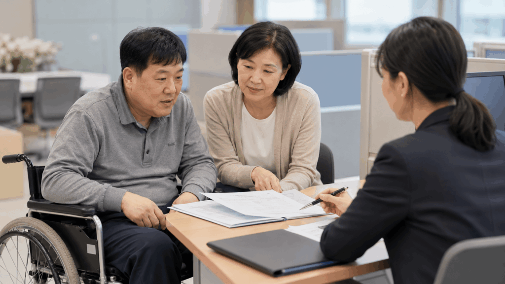 장애인연금 신청 확인 기준을 상담 장면으로 표현한 케어수첩 복지정보 이미지