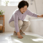 욕실 미끄럼 사고 예방을 설명하는 밝은 욕실에서 60대 한국인 여성이 미끄럼 방지 매트와 안전 손잡이를 확인하는 따뜻한 생활안전 장면