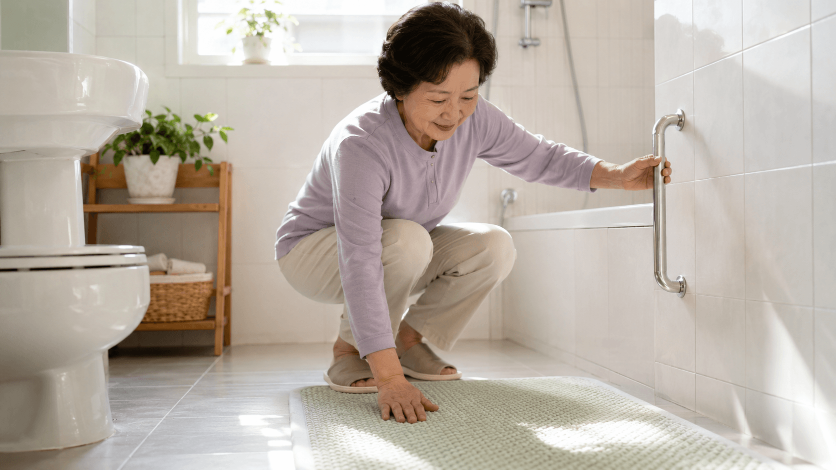 욕실 미끄럼 사고 예방을 설명하는 밝은 욕실에서 60대 한국인 여성이 미끄럼 방지 매트와 안전 손잡이를 확인하는 따뜻한 생활안전 장면