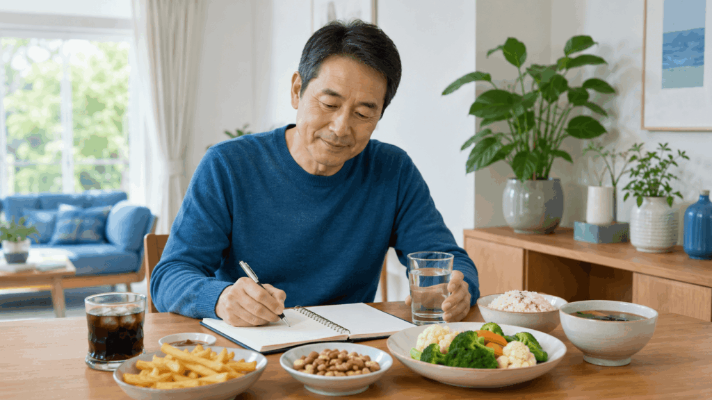 당독소 AGE 관리를 위해 단 음료와 튀김 대신 건강한 식사를 선택하는 50대 남성의 모습