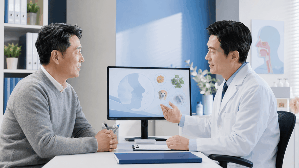 알레르기 비염 면역치료 계획을 의료진과 상담하는 40~60대 한국인 남성