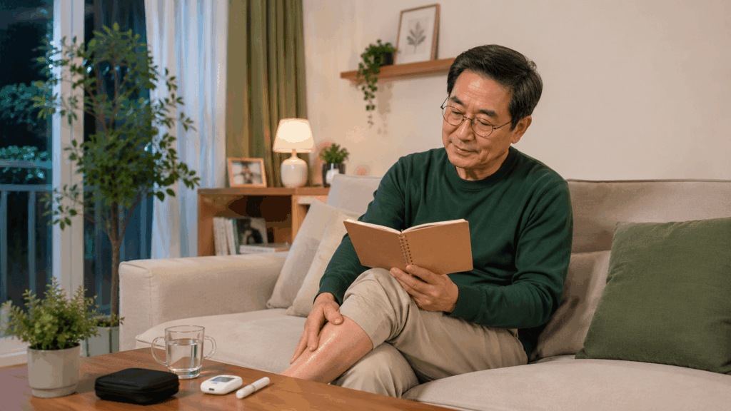 당뇨병 전조증상으로 피로감과 다리 쥐를 점검하는 중년 남성