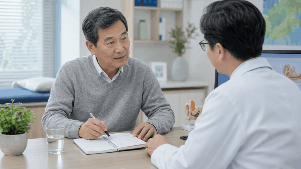어지럼증 지속 시간과 동반 증상을 정리해 의료진과 상담하는 60대 한국인 남성