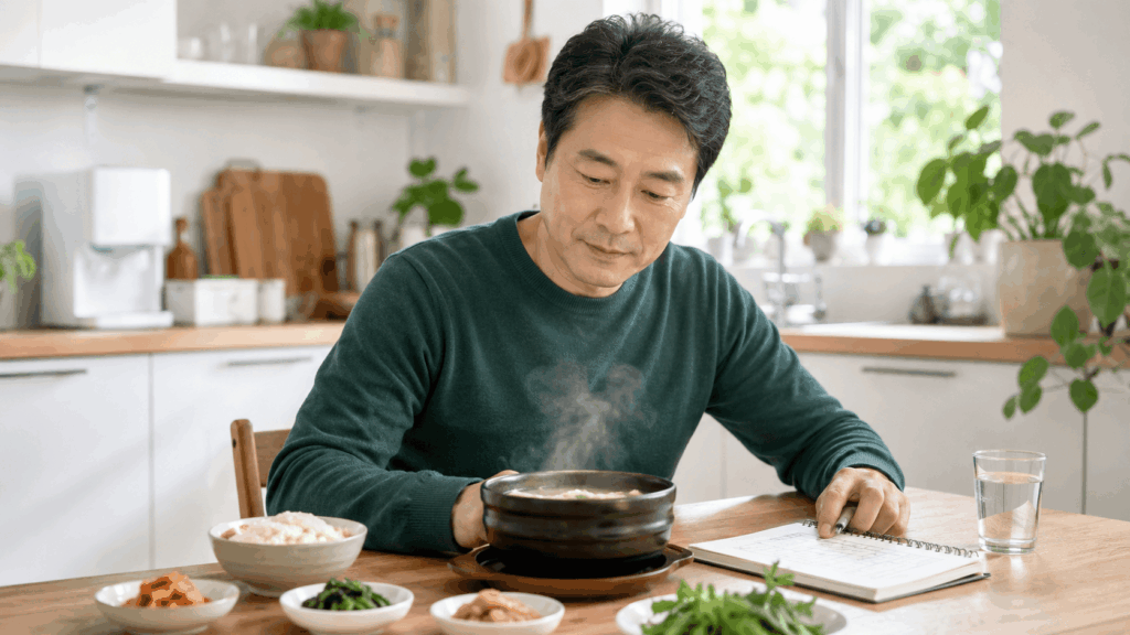 뜨거운 국물을 식혀 먹고 야식 습관을 점검하는 중년 남성의 건강한 식사 장면