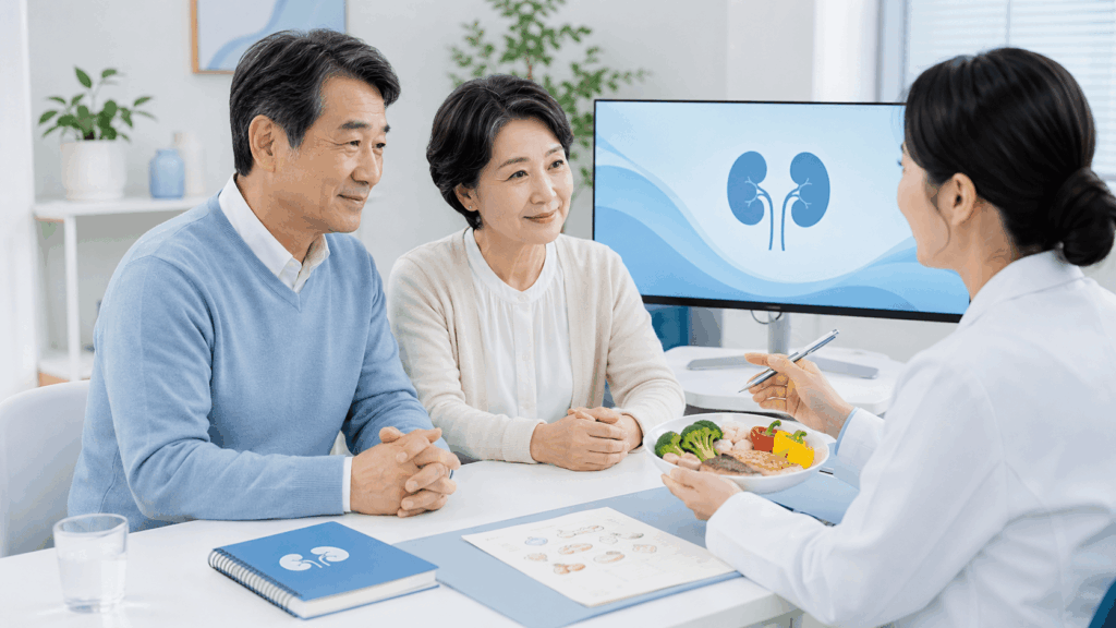 신장 기능 저하 식단과 칼륨 단백질 섭취 기준을 의료진과 상담하는 중년 부부
