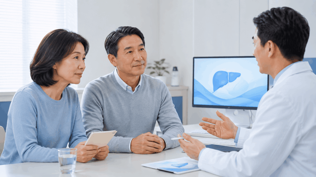 간 검진과 간 건강 관리를 위해 의료진과 상담하는 50대 한국인 부부