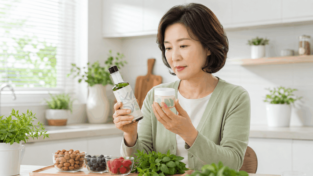저탄수 식단에서 소스와 크림 제품의 성분표를 확인하는 50대 한국인 여성