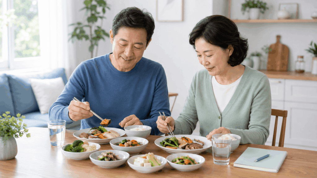 만성 콩팥병 저염식 관리를 위해 국물보다 건더기 위주로 식사하는 한국인 부부