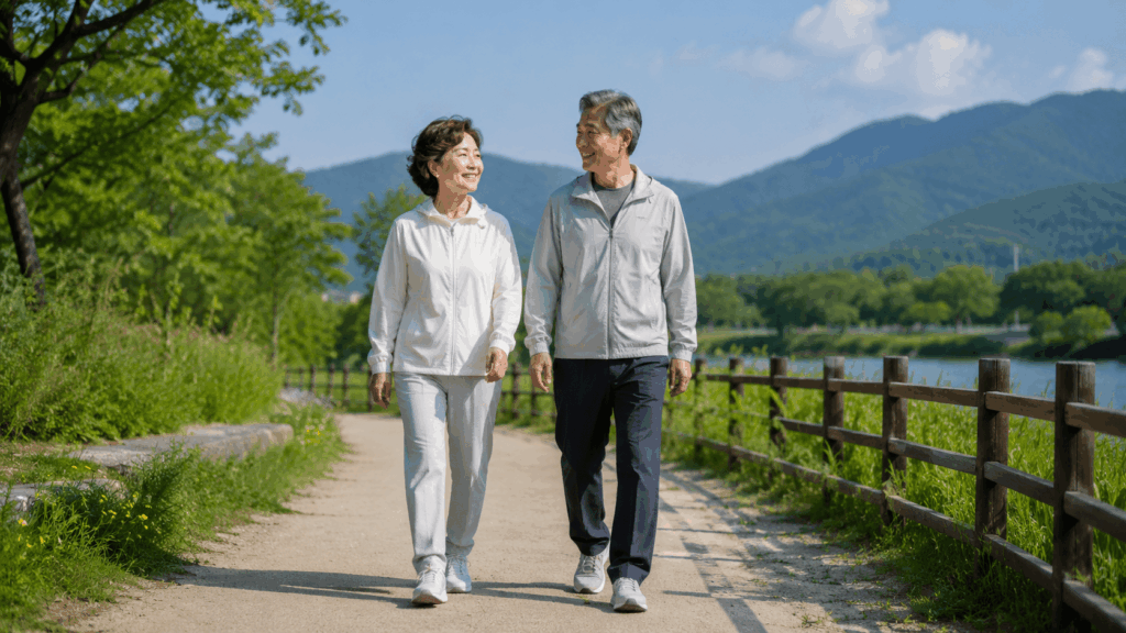 폐암 수술 후 폐 기능 회복을 위해 공원에서 걷기 운동을 하는 모습