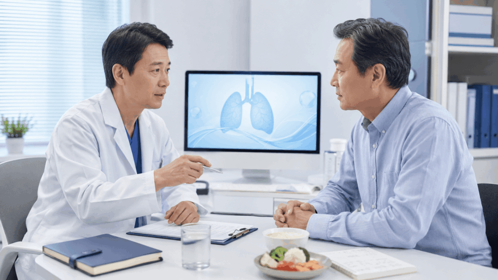 만성 폐질환 관리와 폐 건강 식단에 대해 의료진과 상담하는 50대 한국인 남성