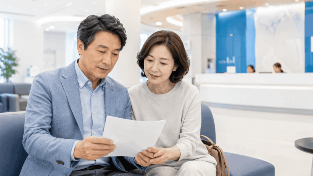 췌장암 위험 신호를 확인하기 위해 건강검진센터에서 검진표를 살펴보는 40~60대 한국인 부부